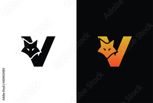 Initial Letter V with Fox Logo Design. Fox letter V logo with animal design template
