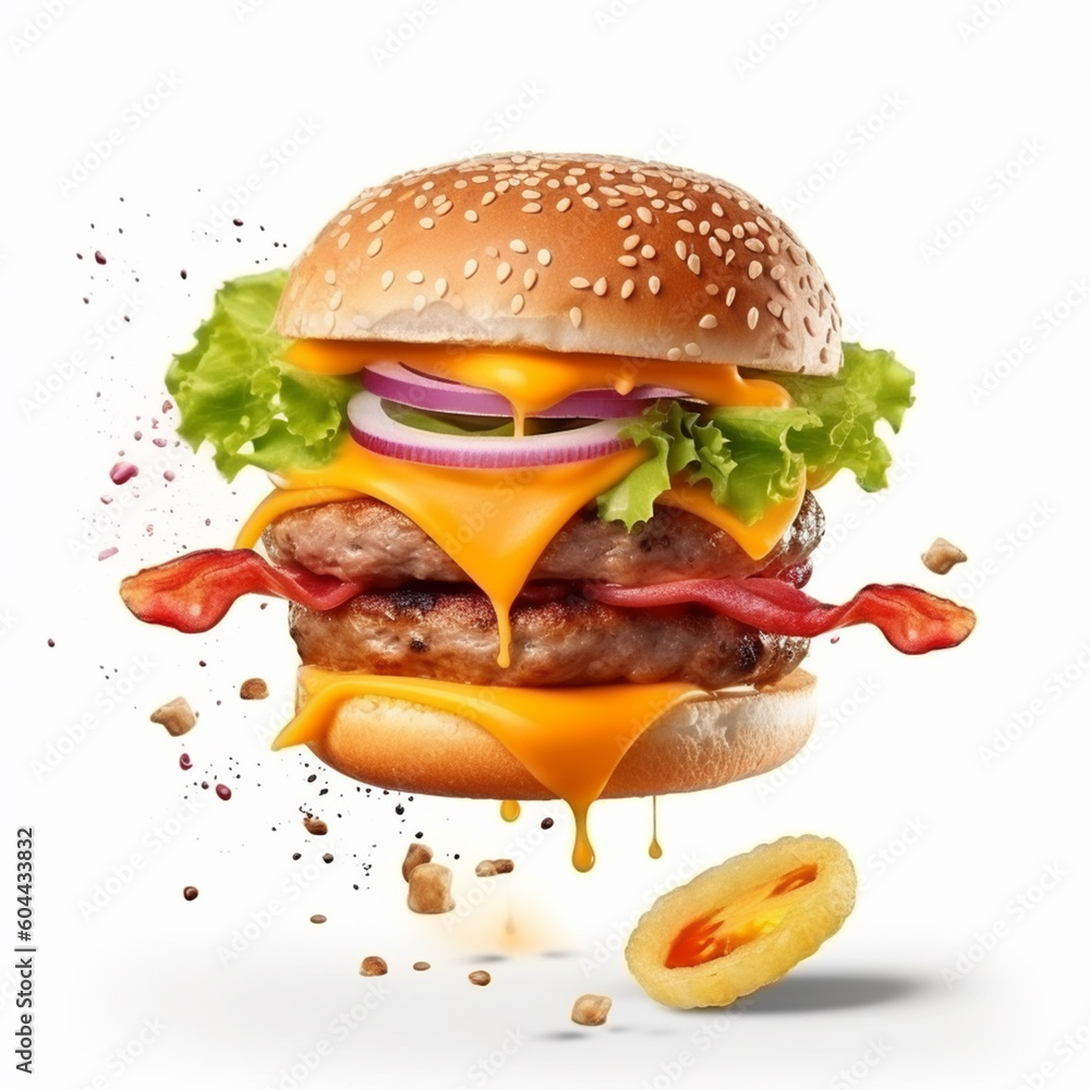 Burger fast food splash isolated image on white background Burger fast food splash isolated image on white background