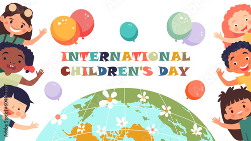 International Children's Day. Illustration of happy children, globe and balloons.