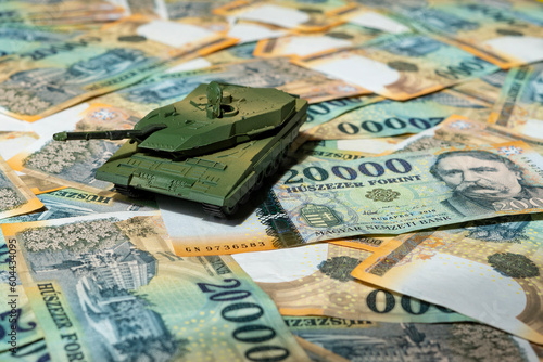 Hungarian HUF 20,000 banknotes with German Leopard 2 tank model photo