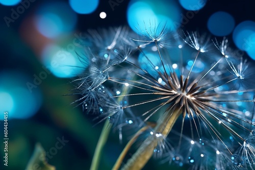 beautiful shiny dew water drops on a dandelion seed, macro photography, selective focus. High quality photo Generative AI