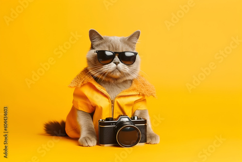 Grey cat in sunglasses in in yellow clothes with a camera on a yellow backgroundand. generated by AI. Generative AI