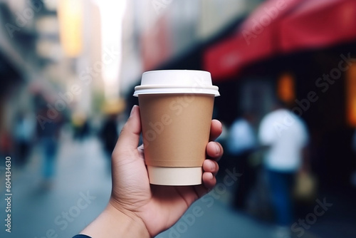 Wallpaper Mural Urban woman on the go with her paper cup of coffee, generative AI Torontodigital.ca