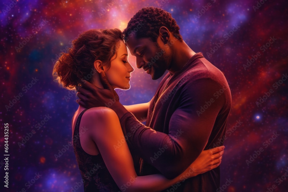 Couple in love hugging and looking at each other against cosmic background. Ai generated. Couple in love hugging and looking at each other against cosmic background. Ai generated.