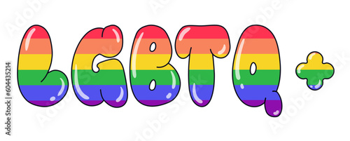 Trendy bubble lettering LGBTQ plus in rainbow colors. Pride LGBT symbols. Supporting love freedom. Flat vector illustration.