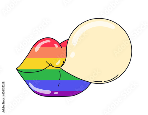 Bubble gum and lips in rainbow colors. Pride LGBT symbols. Supporting love freedom. Flat vector illustration.