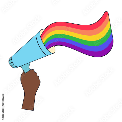 Pride LGBT symbols. Hand holds megafon with rainbow. Supporting love freedom. Flat vector illustration.