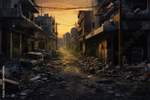 AI Generated Hyperrealism dark abandoned city dirt trash everywhere background © NikahGeh