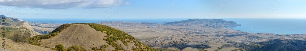 Panorama from Ai-Georgiy towards Meganom and Kara Dag Mountain, Crimea.