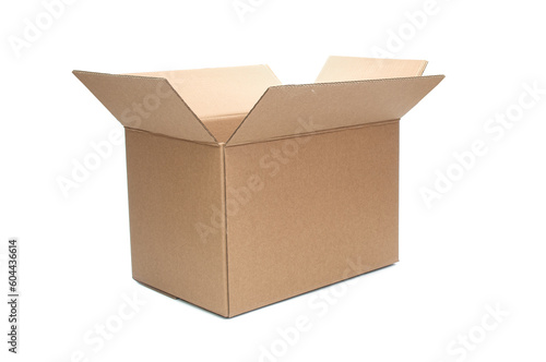 Open cardboard box close up isolated on white background © unclepodger