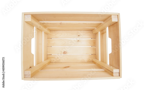 Empty wooden crate close up on a white background. Top view