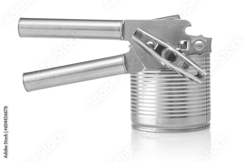 Metal can opener close up isolated on a white background photo