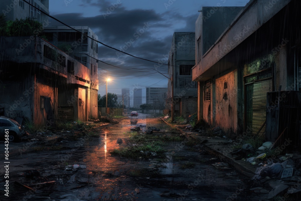 AI Generated Hyperrealism dark abandoned city dirt trash everywhere background AI Generated Hyperrealism dark abandoned city dirt trash everywhere background