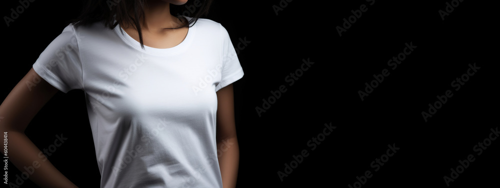 Young woman with white blank T-shirt. Shirt mockup, template. Copy space for text, logo, graphic, print. Tshirt mock up. Close up, front view. Generative AI. Young woman with white blank T-shirt. Shirt mockup, template. Copy space for text, logo, graphic, print. Tshirt mock up. Close up, front view. Generative AI.