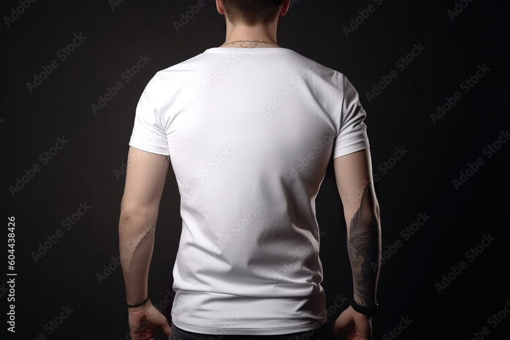 Young man with white blank T-shirt. Shirt mockup, template, back view. Copy space for text, logo, graphic, print. Tshirt mock up. Close up. Generative AI. Young man with white blank T-shirt. Shirt mockup, template, back view. Copy space for text, logo, graphic, print. Tshirt mock up. Close up. Generative AI.