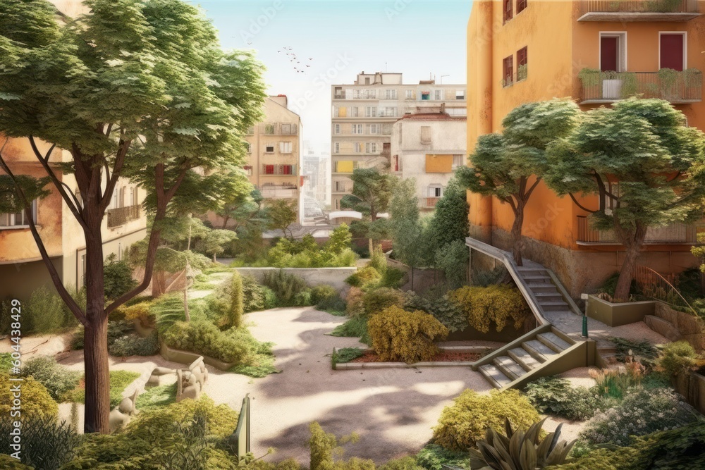 AI Generated Hyperrealism playground view with garden and in center of the city background