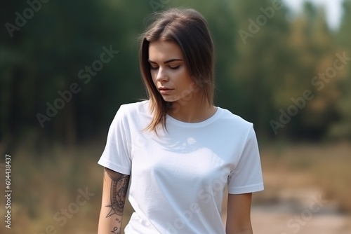 Young woman with white blank T-shirt. Shirt mockup, template. Copy space for text, logo, graphic, print. Tshirt mock up. Close up, front view. Generative AI.