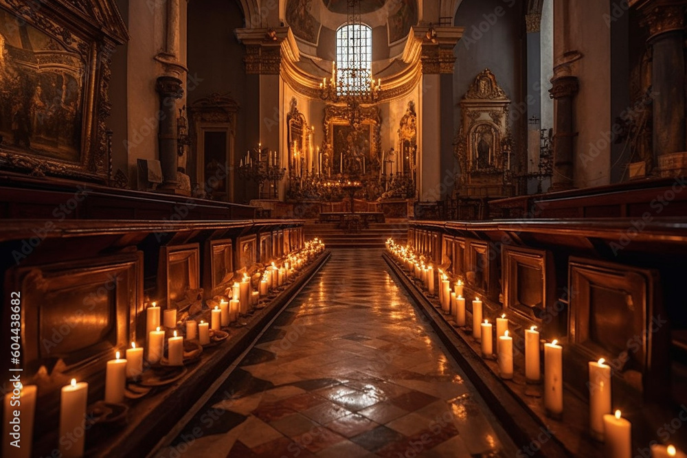 Serene church interior with many candles. Ai generated