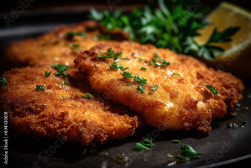 Tasty and crispy chicken schnitzel product photography with natural light. Ai generated