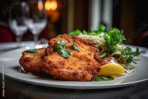 Tasty and crispy chicken schnitzel product photography with natural light. Ai generated