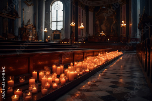 Serene church interior with many candles. Ai generated