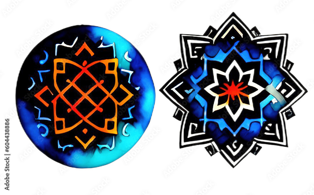 Two hand painted gothic style watercolor mandala star designs from ornate geometric shapes. PNG transparent background. Generative AI illustration. Two hand painted gothic style watercolor mandala star designs from ornate geometric shapes. PNG transparent background. Generative AI illustration.