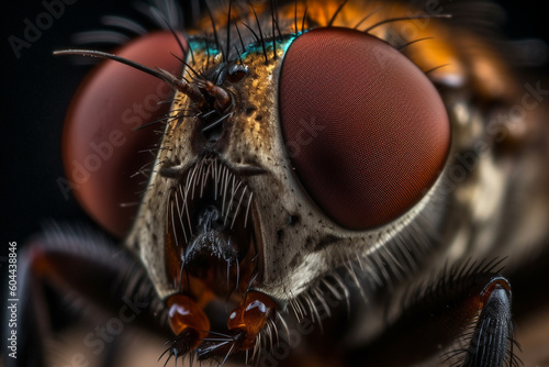 Incredible macro close up of fly eyes and head. Ai generated