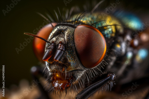 Incredible macro close up of fly eyes and head. Ai generated