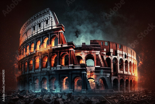 Roman Colosseum on fire illustration. Ai generated