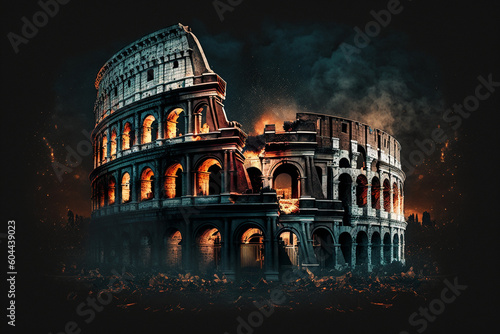 Roman Colosseum on fire illustration. Ai generated