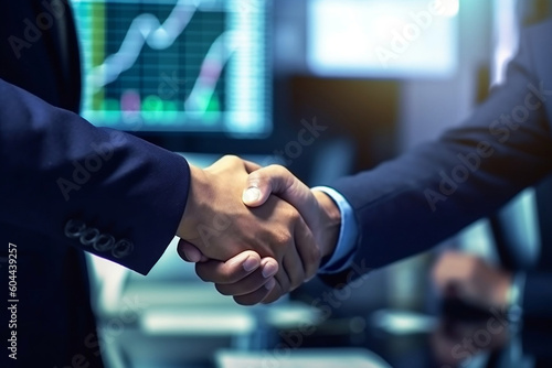 Digital asset deal: Handshake between crypto business partners on finance and technology background, generative AI