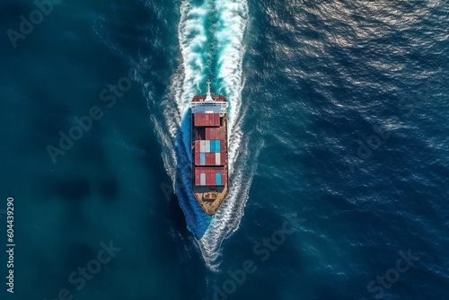 Container ship sailing aerial drone photography. Ai generated