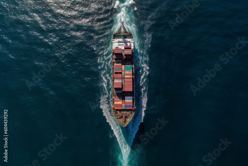 Container ship sailing aerial drone photography. Ai generated © dragomirescu