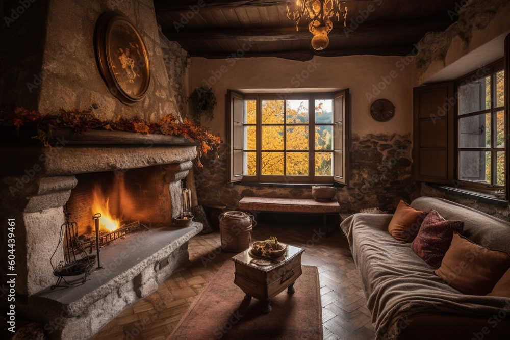 Naklejka premium Cozy fireplace in an exquisite room of a medieval castle. Ai generated