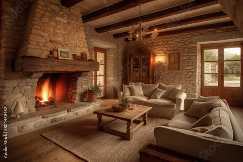 Cozy fireplace in an exquisite room of a medieval castle. Ai generated