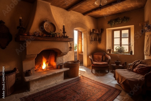 Cozy fireplace in an exquisite room of a medieval castle. Ai generated © dragomirescu