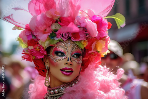 portrait if a drag queen full of colors and feathers and roses © QuantumVisions