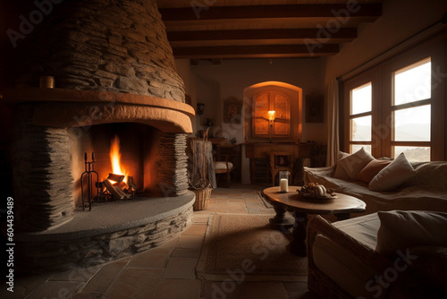 Cozy fireplace in an exquisite room of a medieval castle. Ai generated