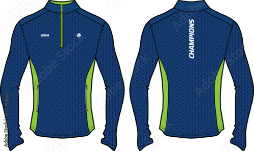 Long sleeve Compression running top t shirt flat sketch design illustration, Sports jersey design vector template, Active wear compression top concept with front and back view. for cycling jersey