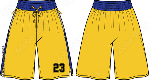 Basketball Shorts jersey design flat sketch Illustration, wide leg boxing shorts concept with front and back view. oversize active wear shorts design.