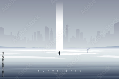 Minimal futuristic landscape. Mountain background with a lonely figure in front of the portal. Sci-Fi poster. Abstract art wallpaper for web, prints, art decoration and applications. Vector