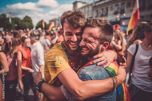 gay couple hugging at the pride parade smiling