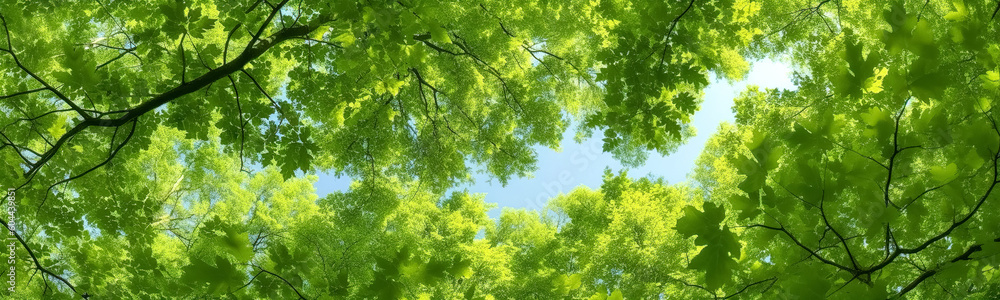Green Forest of Beech Trees, looking up. Sun rays shining through trees, nature background. wide panoramic Green Forest of Beech Trees, looking up. Sun rays shining through trees, nature background. wide panoramic