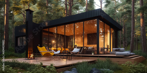 Modern luxury villa exterior in minimal style for luxury glamping. Glass cottage in the woods at night. Modern cabin house in deep forest. digital ai