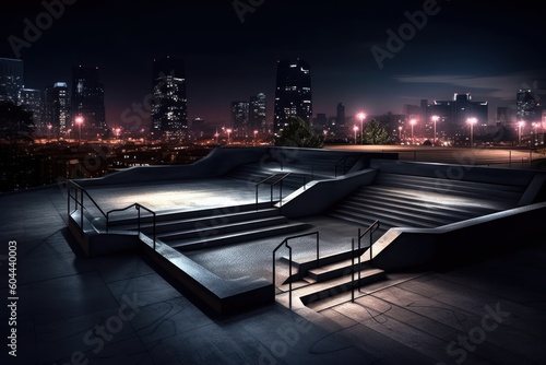 AI Generated Hyperrealism skatepark night view in the city background photo