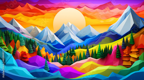 Colorful mountain landscape with colorful forest and rainbow. Papercut art   illustration. AI Generative.