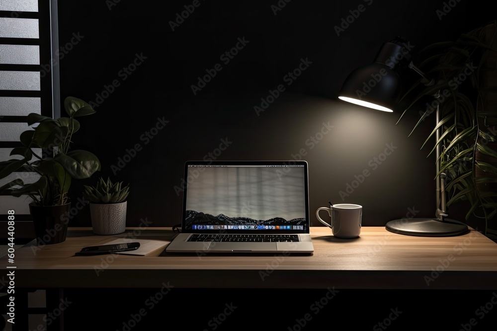 Obraz premium Laptop computer in home office with blank, black screen. with space for your text or mockup in the copy. Generative AI