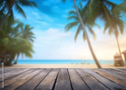 Top of wood table with seascape and palm leaves, calm sea and sky at tropical beach background. Empty ready for product display montage. summer vacation background concept, ai generative