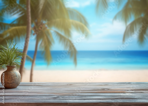 Top of wood table with seascape and palm leaves  calm sea and sky at tropical beach background. Empty ready for product display montage. summer vacation background concept  ai generative