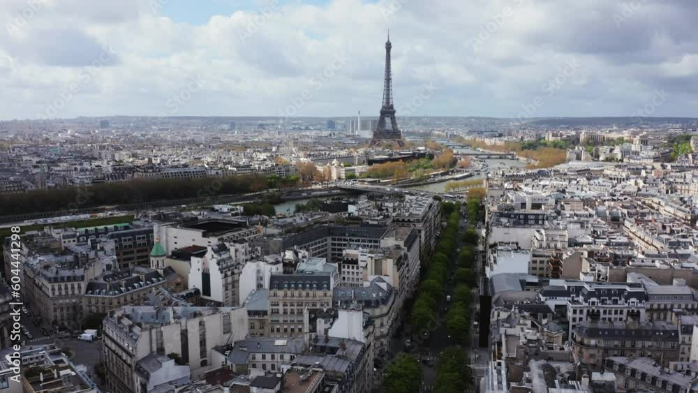 Aerial view of Eiffel Tower behind Seine River.
City skyline panorama Aerial view of Eiffel Tower behind Seine River.
City skyline panorama